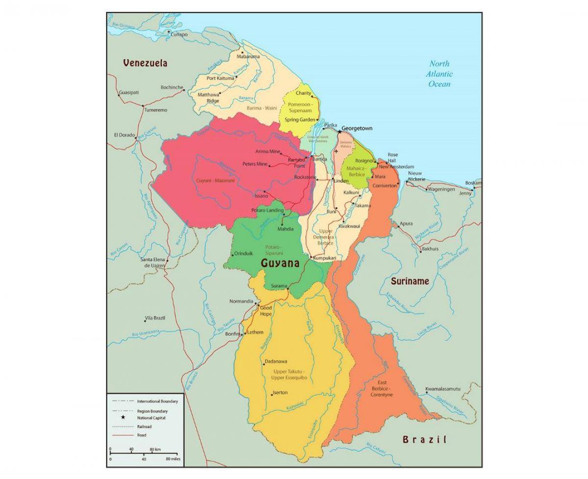 नक्शे के गुयाना दिखा 10 प्रशासनिक क्षेत्रों