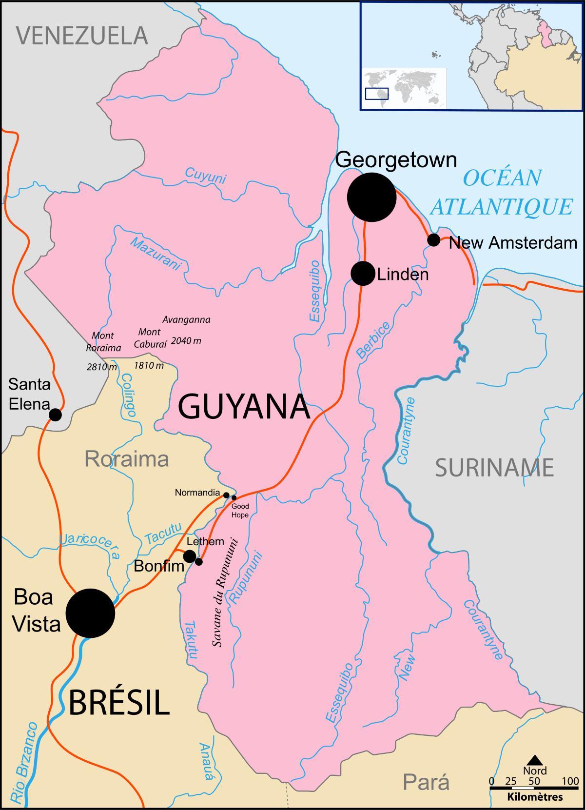 नक्शा गुयाना के स्थान पर दुनिया