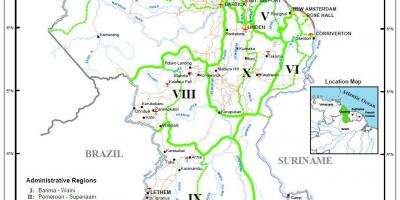नक्शा गुयाना के क्षेत्रों में दिखा रहा है